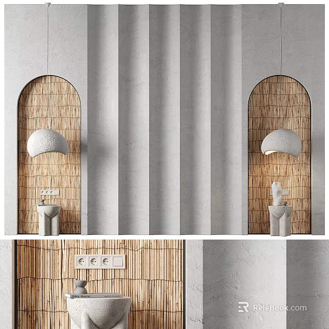 Modern Bedroom Accent Wall With Arched Wood Panels And Wall Lamps 3d model 