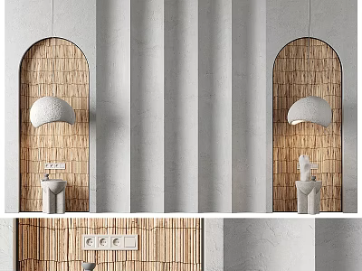 Modern Bedroom Accent Wall With Arched Wood Panels And Wall Lamps 3d model
