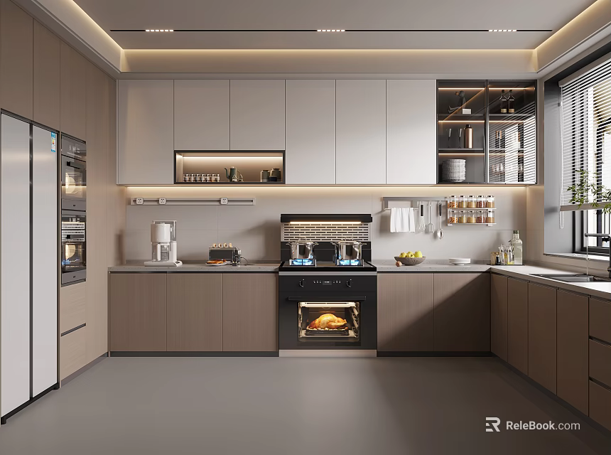 Modern Kitchen Interior With Light Gray Cabinets Central Island And Stainless Steel Appliances 3d model 
