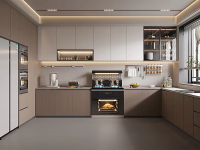Modern Kitchen Interior With Light Gray Cabinets Central Island And Stainless Steel Appliances 3d model