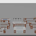 Various Red Brick And White School Buildings With Flat Sloped Roofs And Large Windows 3d model