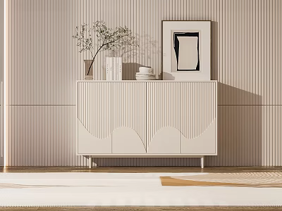 Modern Entryway Console Cabinet with Curved Doors Wall Paneling Decorative Vase Plant and Framed Artwork 3d model