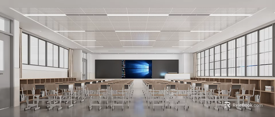 Spacious Modern Office Interior Featuring Neat Desks Large Screen Windows Grid Ceiling And Strip Lights 3d model