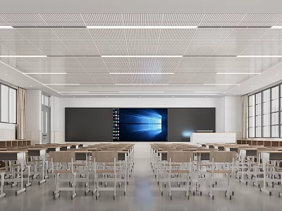 Spacious Modern Office Interior Featuring Neat Desks Large Screen Windows Grid Ceiling And Strip Lights 3d model
