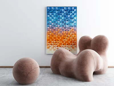 Brown Velvet Accent Chair With Abstract Geometric Gradient Art Painting In Modern Interior 3d model