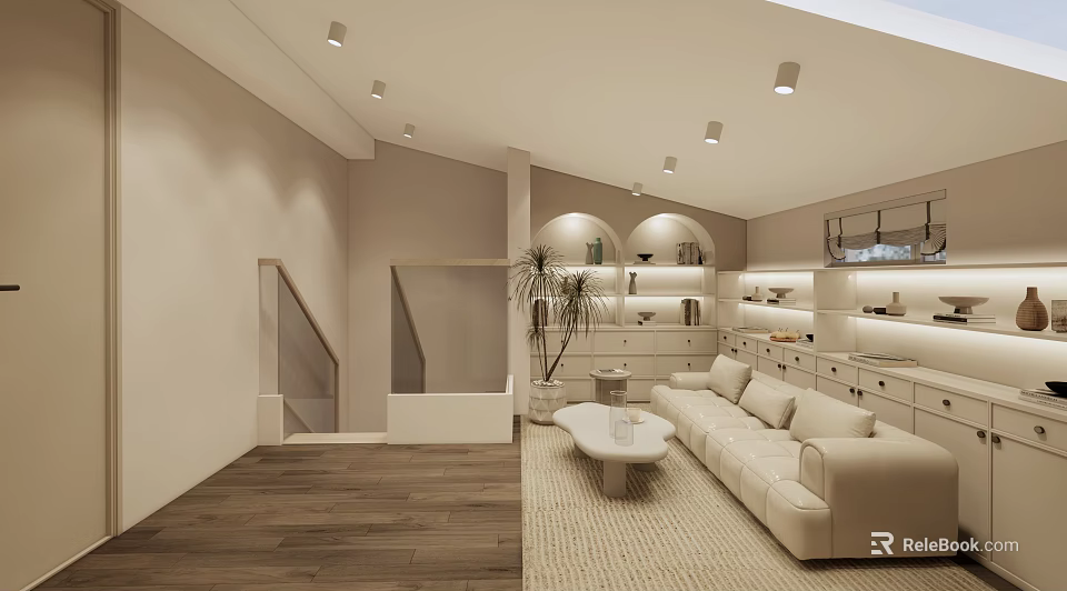 Modern Entertainment Room With Light Sofa White Coffee Table Wooden Flooring Bookshelves And Recessed Lights 3d model 