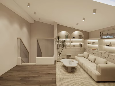 Modern Entertainment Room With Light Sofa White Coffee Table Wooden Flooring Bookshelves And Recessed Lights 3d model