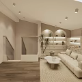Modern Entertainment Room With Light Sofa White Coffee Table Wooden Flooring Bookshelves And Recessed Lights