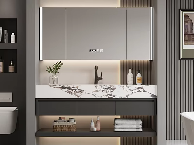 Modern Bathroom Vanity With LED Mirror Marble Countertop Storage Shelves Towels And Toiletries 3d model