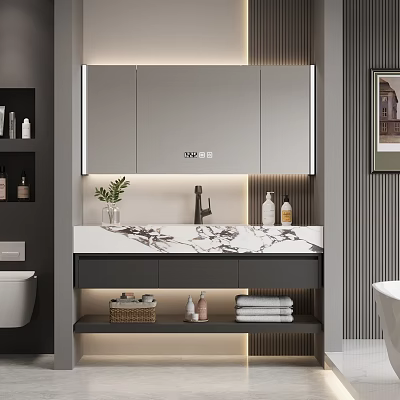 Modern Bathroom Vanity With LED Mirror Marble Countertop Storage Shelves Towels And Toiletries 3d model