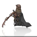 Emaciated Elderly Man With Mechanical Limbs Kneeling In Black Cloak Against White Background