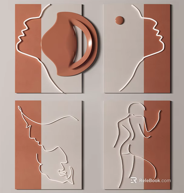 Abstract Geometric Wall Decor With Brown Beige Tones And Abstract Line Art Panels 3d model 