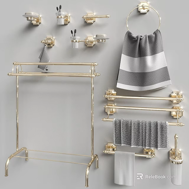 Modern Bathroom Washing Essentials With Golden Racks Gray Towels And Wall Mounted Holders 3d model 