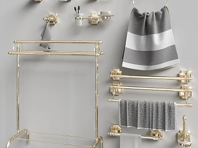 Modern Bathroom Washing Essentials With Golden Racks Gray Towels And Wall Mounted Holders 3d model
