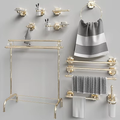 Modern Bathroom Washing Essentials With Golden Racks Gray Towels And Wall Mounted Holders 3d model