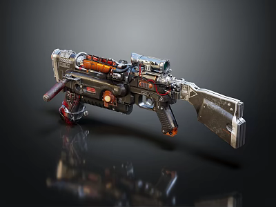 Sci Fi Metallic Weapon With Orange Red Components Scope And Complex Design 3d model