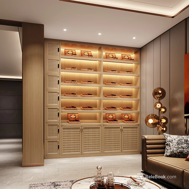 Modern Wooden Display Shelves In Living Room Interior With Illuminated Layers And Decorative Items 3d model 