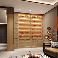 Modern Wooden Display Shelves In Living Room Interior With Illuminated Layers And Decorative Items