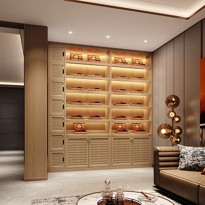 Modern Wooden Display Shelves In Living Room Interior With Illuminated Layers And Decorative Items 3d model
