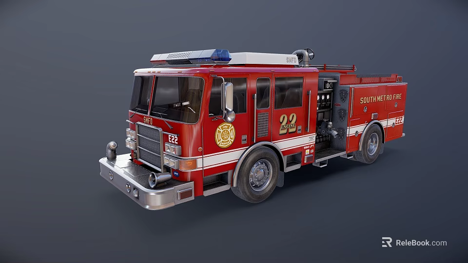 Red Southlake Fire Truck Number 22 Functional Vehicle Featuring Department Badge And Rescue Gear 3d model 