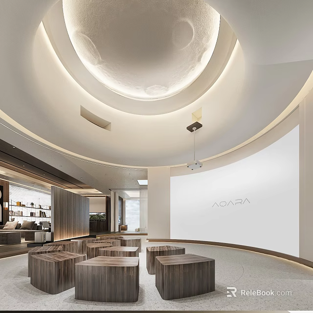 ADARA Modern Upscale Store with Circular Ceiling Light Curved Wall Wooden Furniture and Projection Screen 3d model 