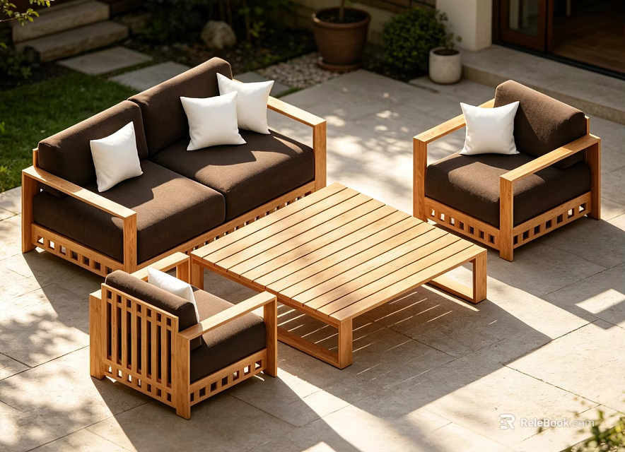 Modern Solid Wood Outdoor Patio Sofa And Coffee Table Set With Soft Comfortable Cushions 3d model 
