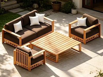 Modern Solid Wood Outdoor Patio Sofa And Coffee Table Set With Soft Comfortable Cushions 3d model