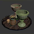Decorative Round Tray With Green Goblets Brown Bag Gold Coins And Coin Rolls