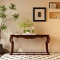Wooden Entryway Console Table With Carved Legs Green Plants Vase Books Framed Art Wall Niche