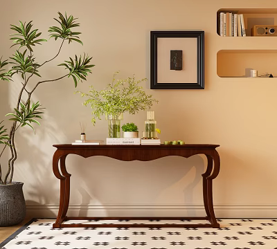 Wooden Entryway Console Table With Carved Legs Green Plants Vase Books Framed Art Wall Niche 3d model