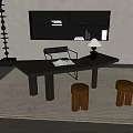 Modern Black Desk With Open Book And Table Lamp And Wooden Stools On Woven Rug