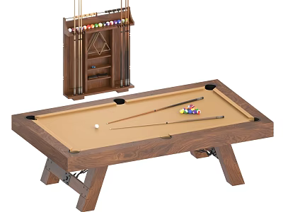 Wooden Pool Table With Cue Rack Billiard Balls And Cues Sports Equipment 3d model