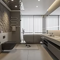 Modern Bathroom Interior With Stone Wall Free Standing Bathtub And Double Sinks
