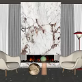 Leisure Sofa Set with Beige Chairs Marble Accent Wall Fireplace and Flames