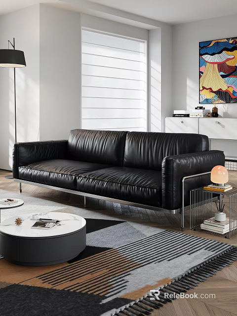 Modern Black Leather Sofa And Round Coffee Table Set With Metal Legs In Living Room 3d model 