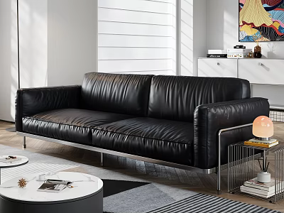 Modern Black Leather Sofa And Round Coffee Table Set With Metal Legs In Living Room 3d model