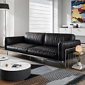 Modern Black Leather Sofa And Round Coffee Table Set With Metal Legs In Living Room