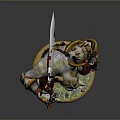 Detailed 3D Warrior Model Holding Sword With Armor Green Grass Base And Golden Edges