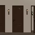 Three Dark Brown Wooden Hinged Doors With Wall Lamps In Open Interior Setting