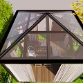 Villa Balcony with Wooden Structure White Curtains Outdoor Furniture Lush Greenery Flowers Under Blue Sky
