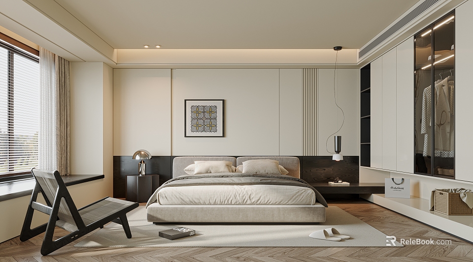 Modern Bedroom Interior Design With Neutral Bed Hanging Lamp Framed Art And Herringbone Rug 3d model 