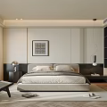 Modern Bedroom Interior Design With Neutral Bed Hanging Lamp Framed Art And Herringbone Rug