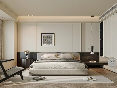 Modern Bedroom Interior Design With Neutral Bed Hanging Lamp Framed Art And Herringbone Rug 3d model