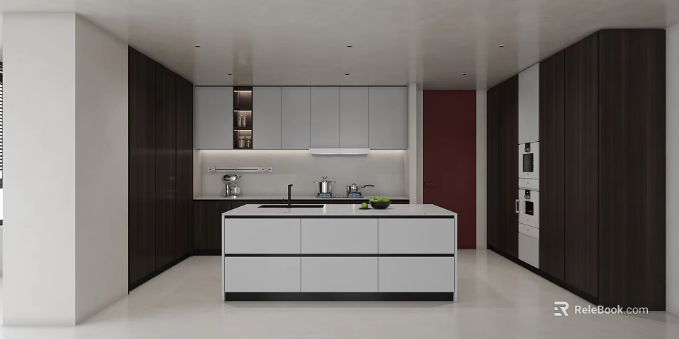 Modern Kitchen Interior Design With White Island Dark Brown Cabinets Built-in Appliances And Red Wall 3d model 