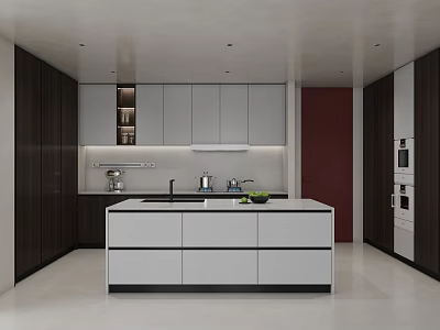 Modern Kitchen Interior Design With White Island Dark Brown Cabinets Built-in Appliances And Red Wall 3d model
