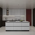 Modern Kitchen Interior Design With White Island Dark Brown Cabinets Built-in Appliances And Red Wall