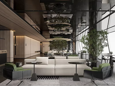 Modern Sales Office Interior With White Sofas Green Plants And Big Windows 3d model