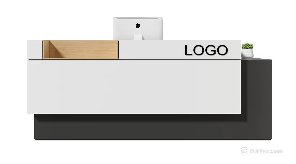Modern White Reception Desk With Wooden Compartment Apple Computer LOGO And Potted Plant 3d model 