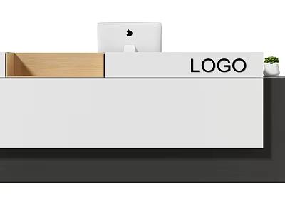 Modern White Reception Desk With Wooden Compartment Apple Computer LOGO And Potted Plant 3d model