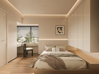Modern Bedroom Interior With Bed Window Desk Chair Wall Art And Recessed Lighting 3d model